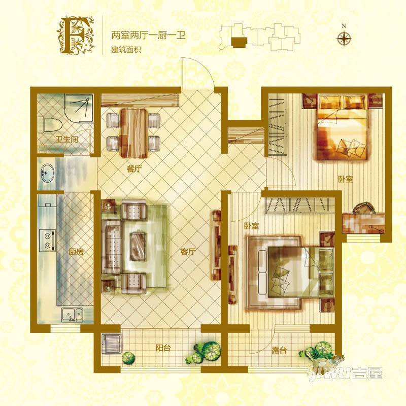 花香漫城中心商务公寓2室2厅1卫99㎡户型图