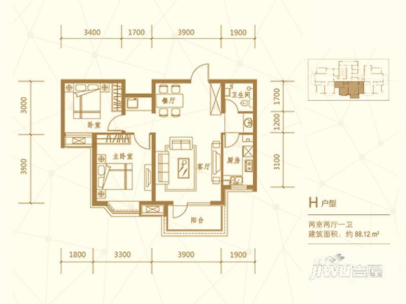 建投福美国际2室2厅1卫88.1㎡户型图