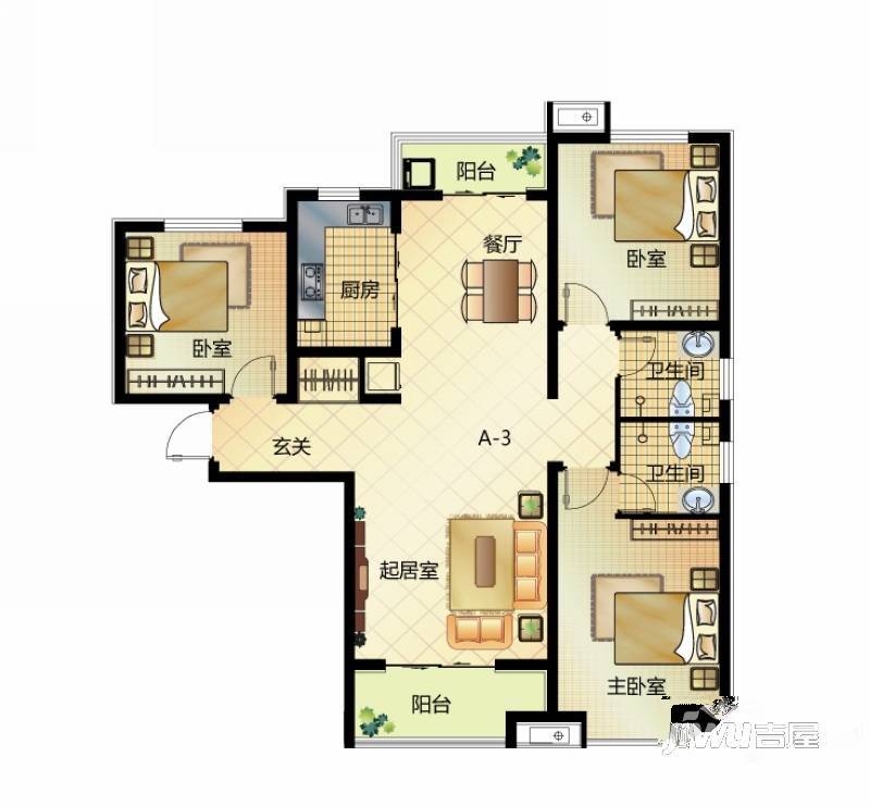 达世地产壹江城3室2厅2卫129㎡户型图