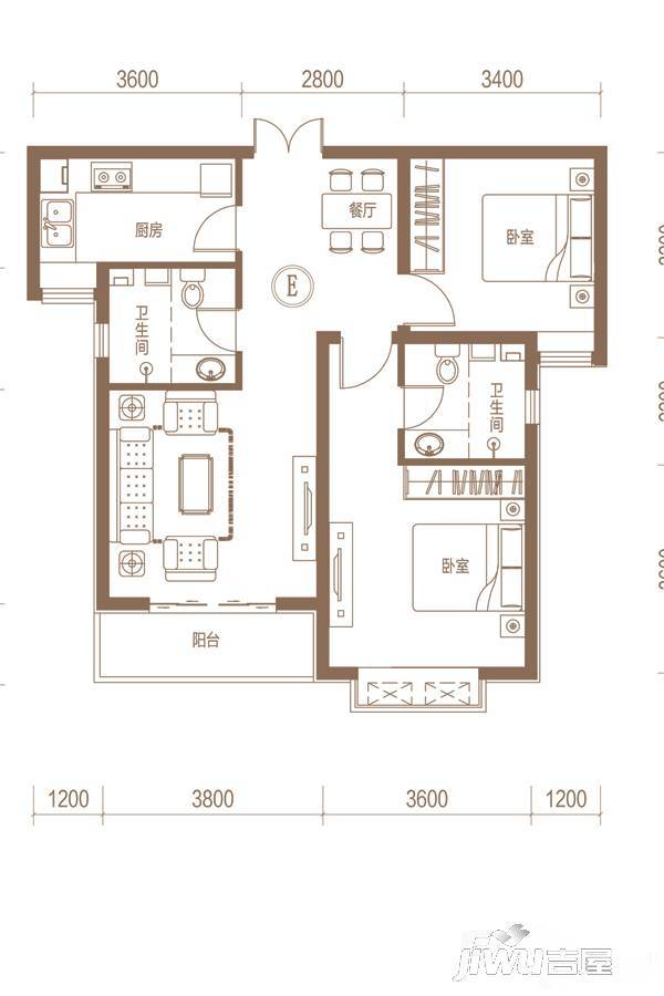 燕港御灏府2室2厅2卫94.6㎡户型图