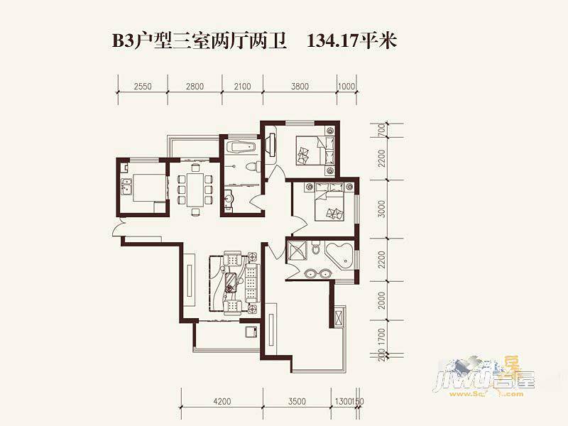 中山凯旋门3室2厅2卫134.2㎡户型图