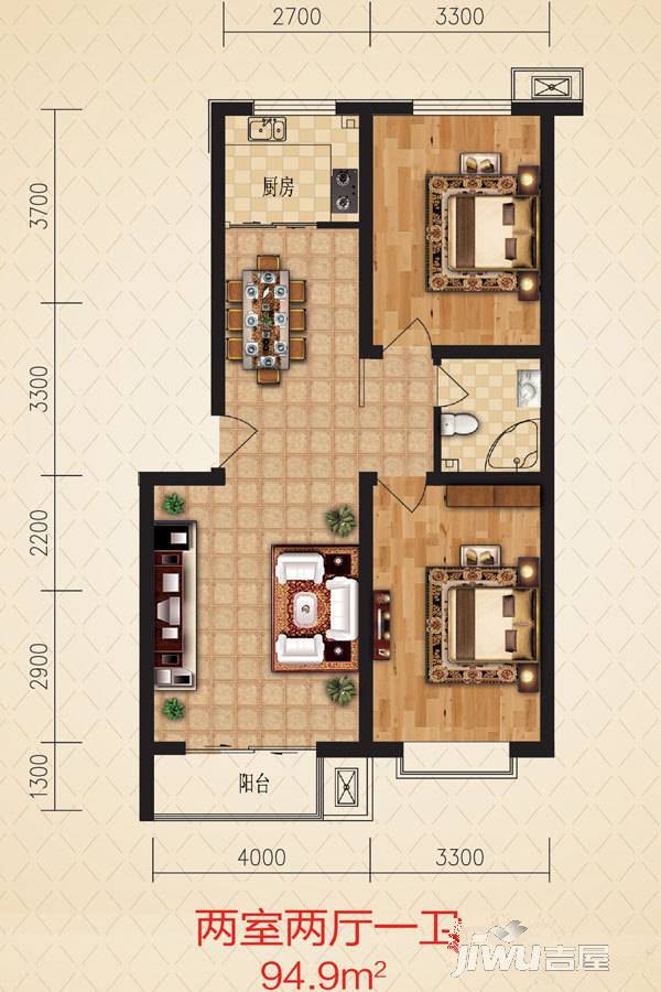 御景嘉园2室2厅1卫94.9㎡户型图