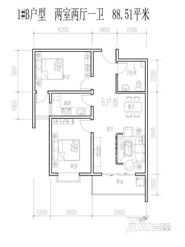 翠堤春晓2室2厅1卫88.5㎡户型图