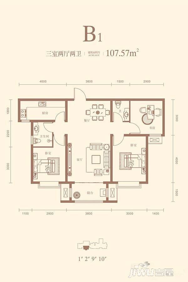 润江翡丽公馆3室2厅2卫107.6㎡户型图