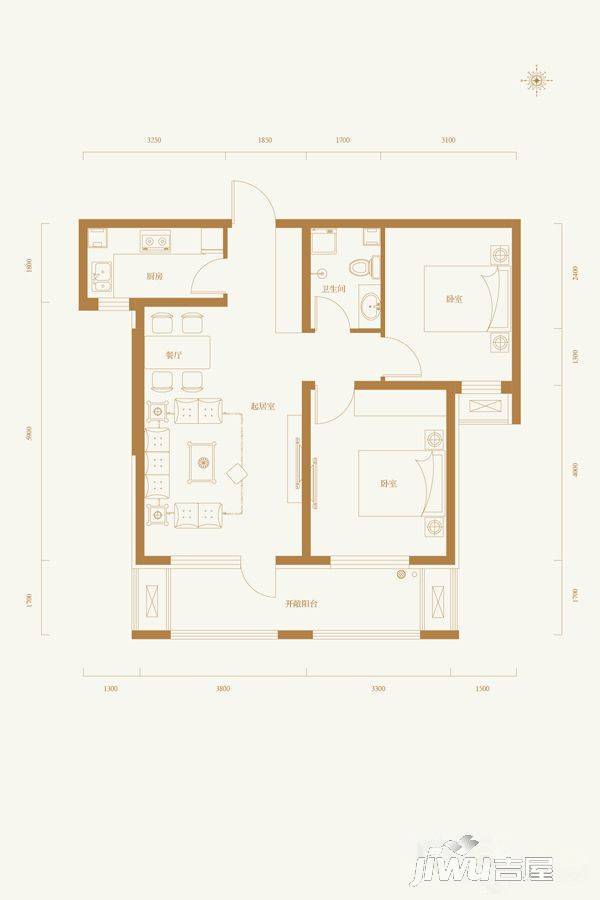 唐宫原著名邸2室2厅1卫94.5㎡户型图