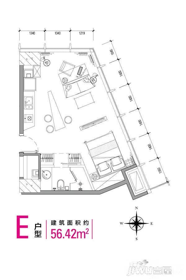 新源蜂巢1室1厅1卫56.4㎡户型图