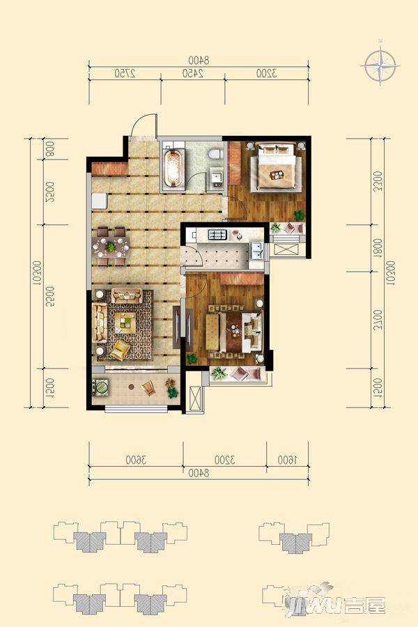 保利茉莉公馆沁香园2室2厅1卫88㎡户型图