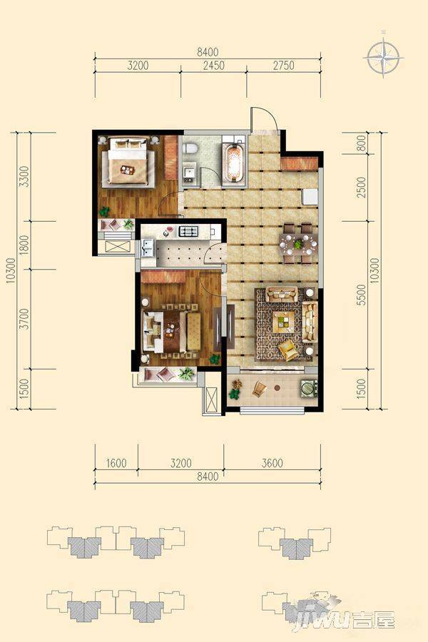 保利茉莉公馆沁香园2室2厅1卫88㎡户型图