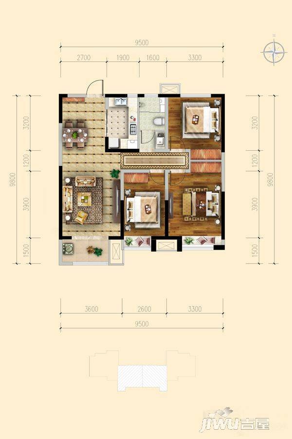 保利茉莉公馆沁香园3室2厅1卫108㎡户型图