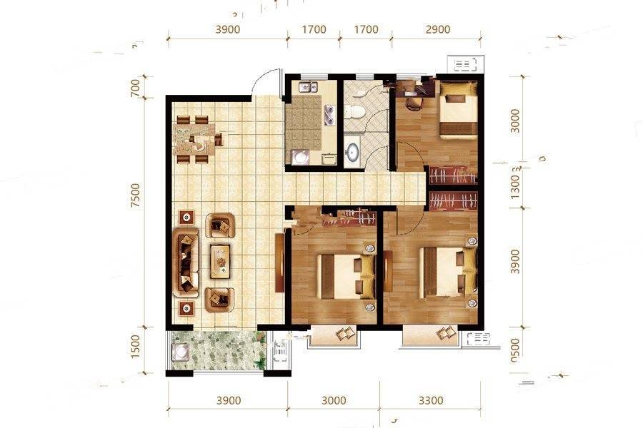 远洋福美瑾园3室2厅1卫107㎡户型图