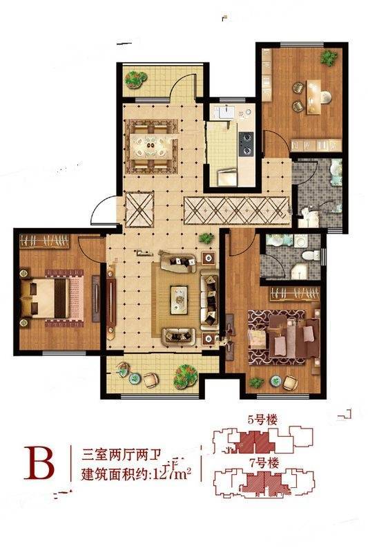 仕嘉华府3室2厅2卫127㎡户型图