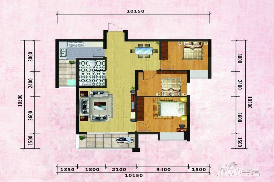 鼎源幸福里3室2厅1卫95.2㎡户型图