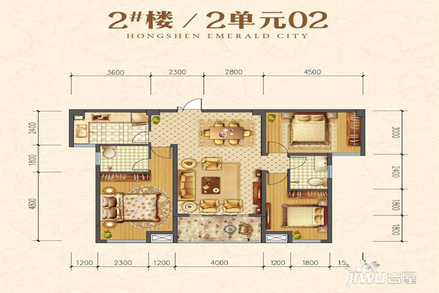 鸿申翡翠城3室2厅2卫115.9㎡户型图