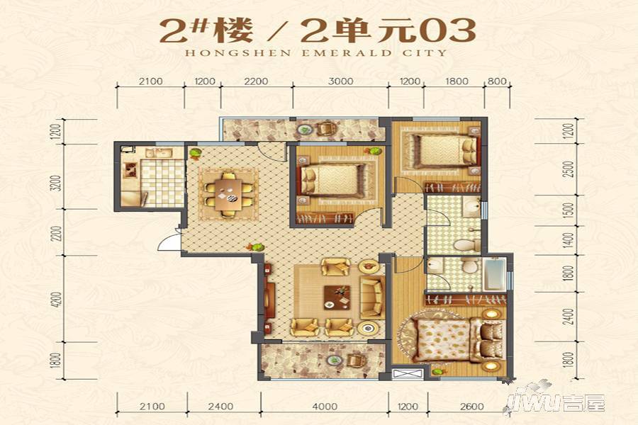 鸿申翡翠城3室2厅2卫127.8㎡户型图