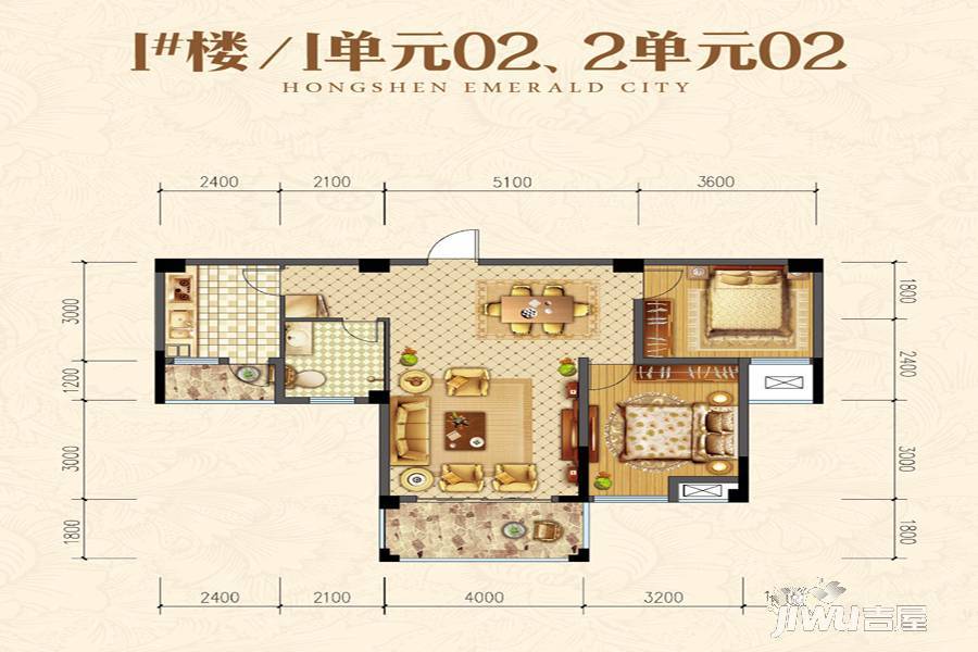 鸿申翡翠城2室2厅1卫92.7㎡户型图