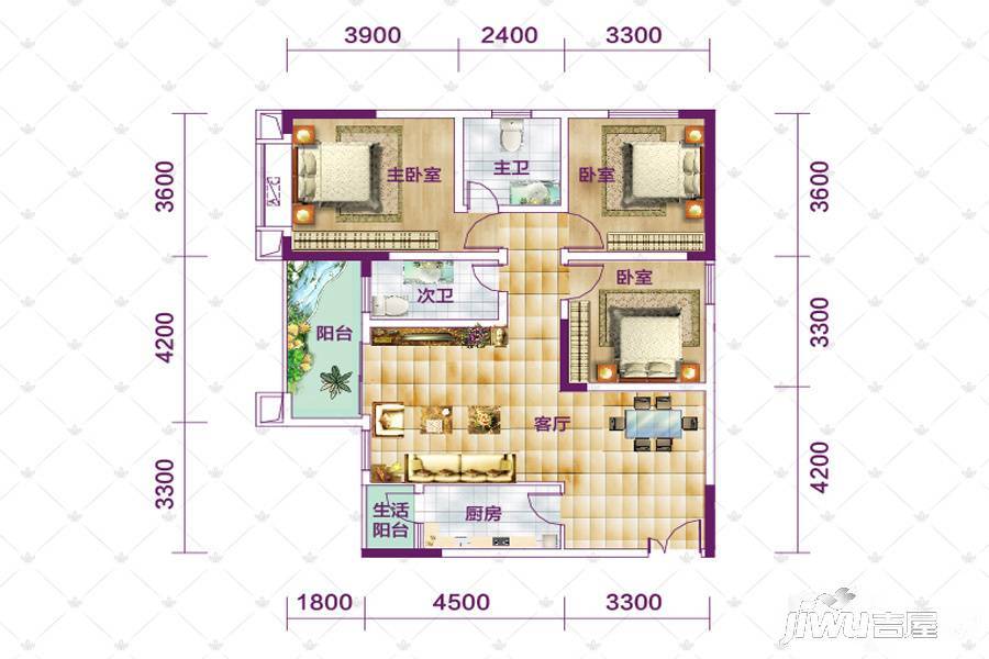 润安南城国际3室2厅2卫117㎡户型图