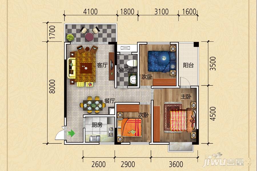 诚翔雍江商城3室2厅1卫110.7㎡户型图