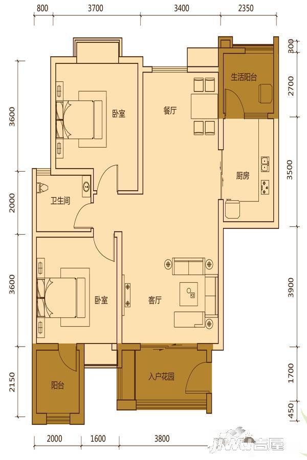 匀上香格里拉2室2厅1卫105.1㎡户型图