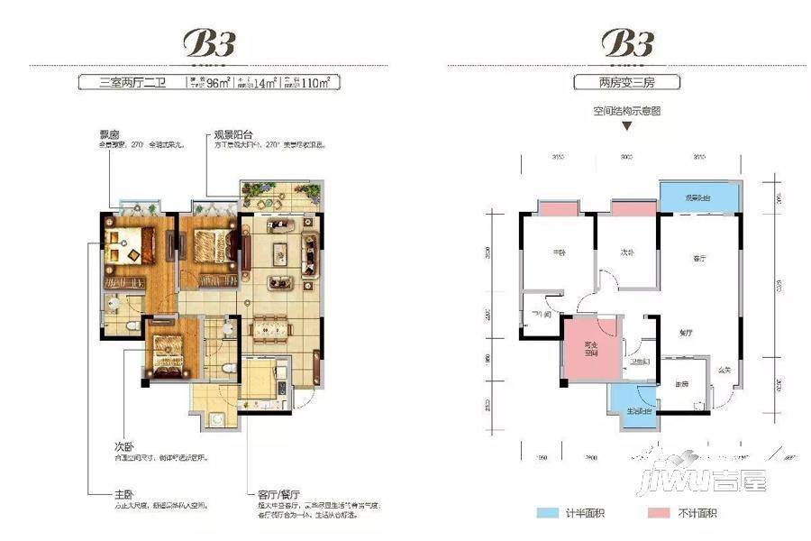 长源西城国际3室2厅2卫96㎡户型图