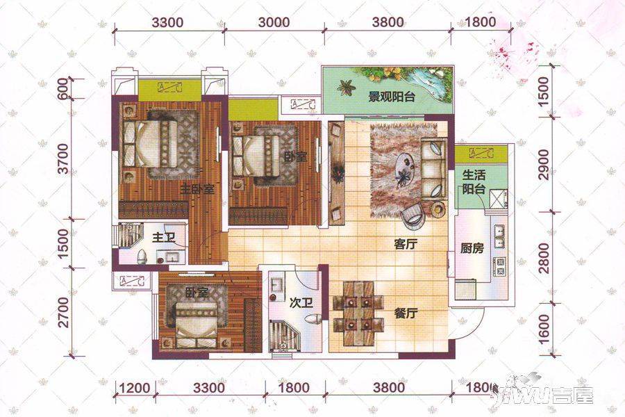 润安南城国际3室2厅2卫104.9㎡户型图