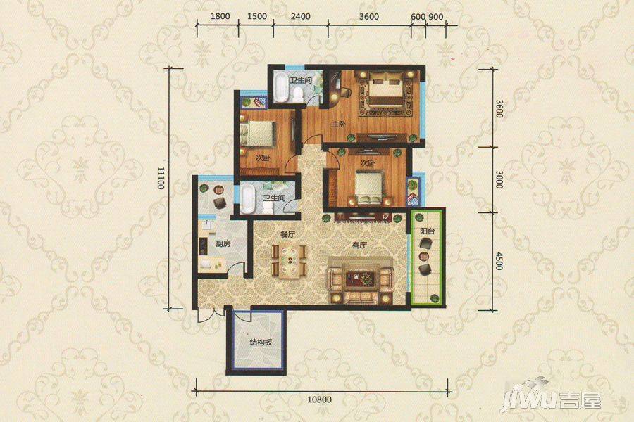 水岸铭门3室2厅2卫116.5㎡户型图