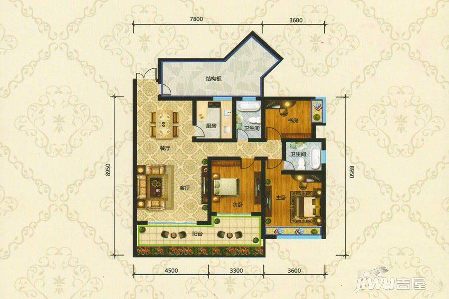 水岸铭门3室2厅2卫123.2㎡户型图