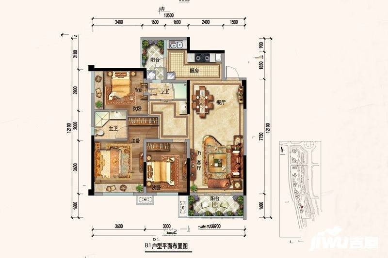 七星未来城3室2厅2卫102.3㎡户型图