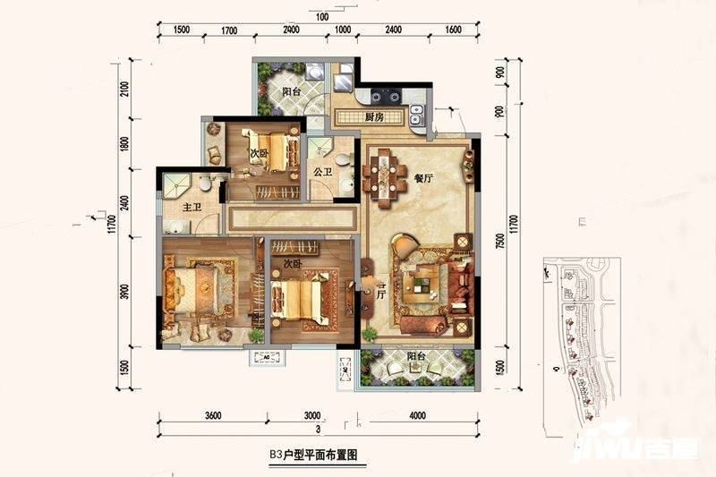 七星未来城3室2厅2卫95.1㎡户型图