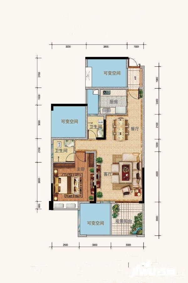 南州国际水岸1室2厅2卫93.8㎡户型图