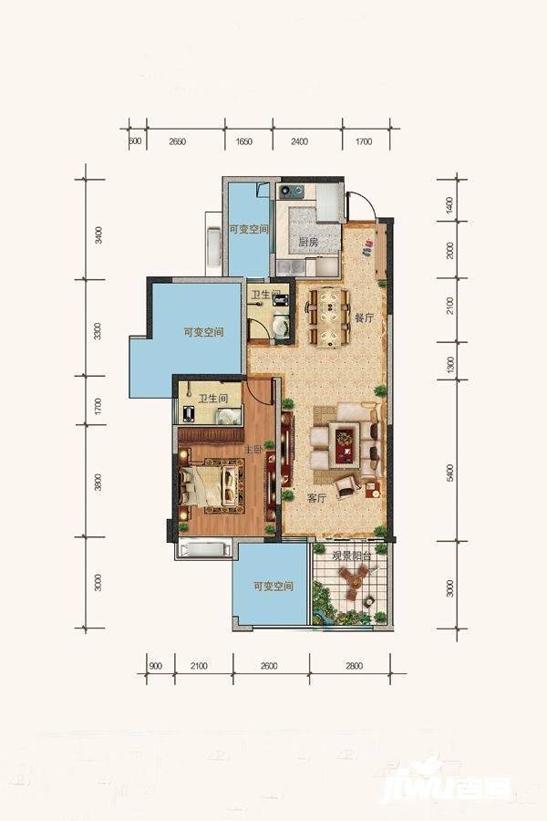 南州国际水岸1室2厅2卫93.2㎡户型图