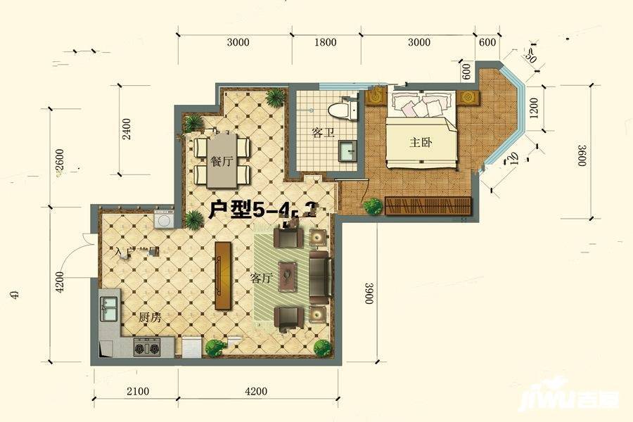 北部印象1室1厅1卫64.2㎡户型图