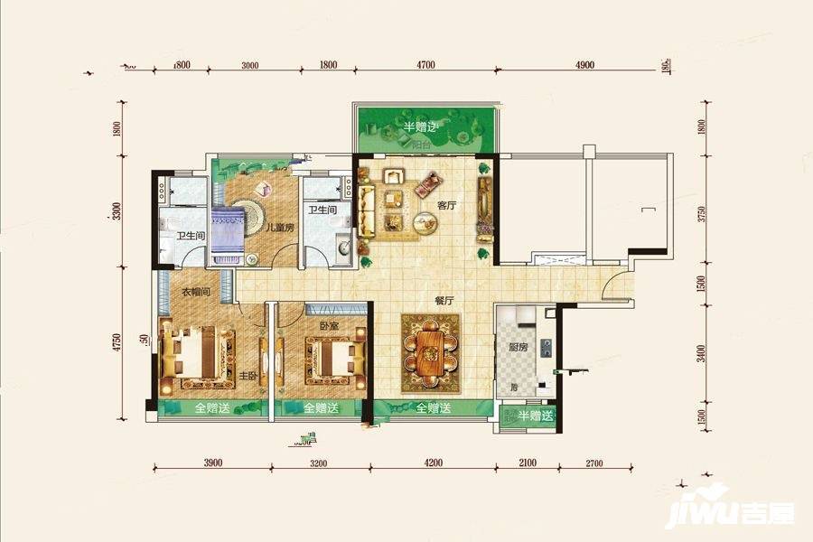 碧桂园滨江1号3室2厅2卫136㎡户型图