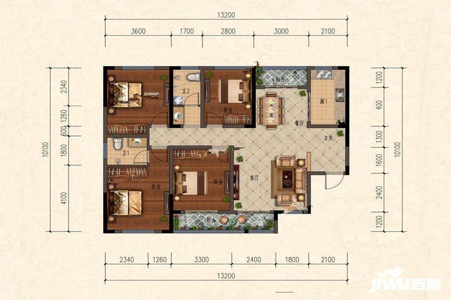 鸿申翡翠城4室2厅2卫144㎡户型图