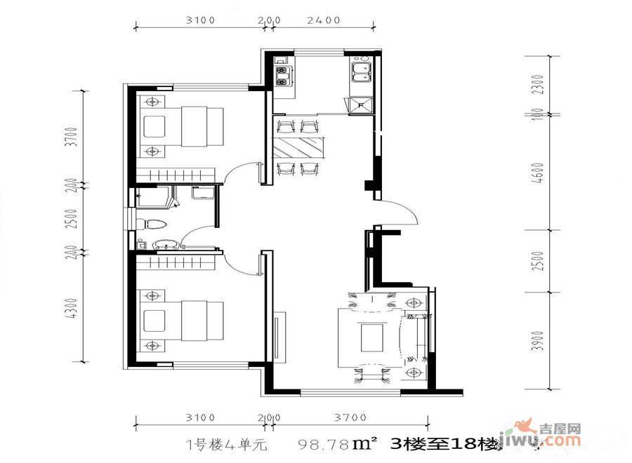 盛世凯厦2室2厅1卫98.8㎡户型图