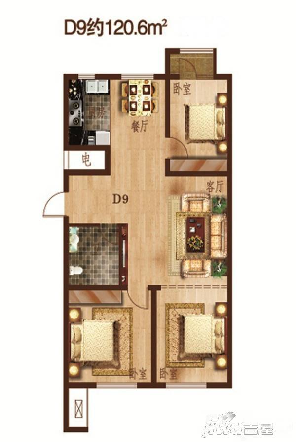 赤峰香格里拉国际城3室2厅1卫120.6㎡户型图