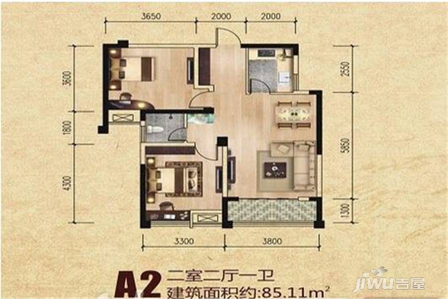 桐城金源华府2室2厅1卫85.1㎡户型图