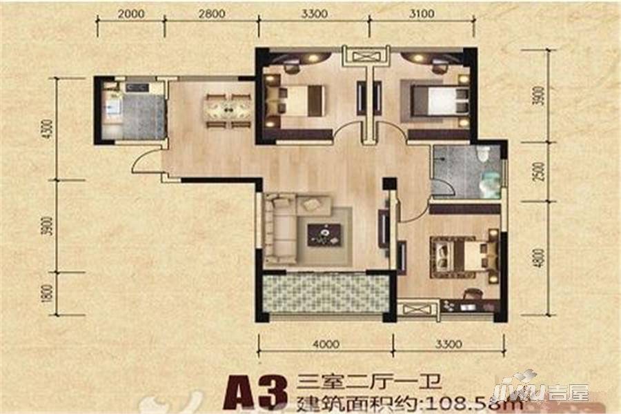 桐城金源华府3室2厅1卫95.3㎡户型图