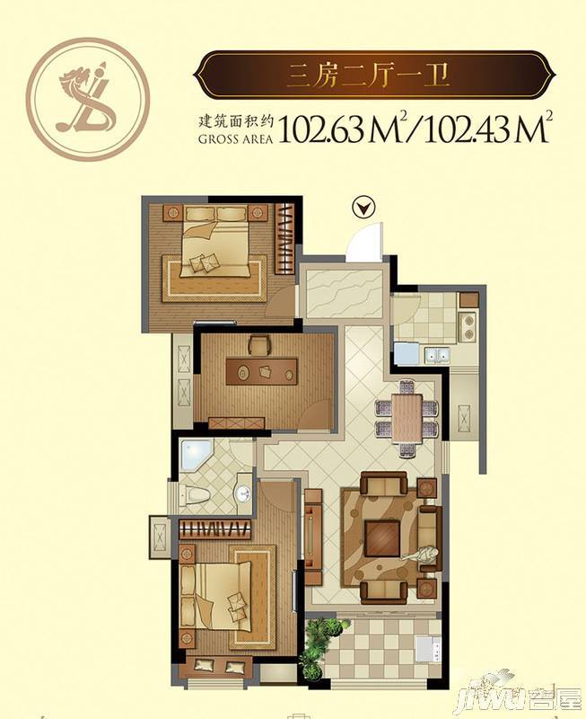 聚龙君悦山庄3室2厅1卫102.6㎡户型图