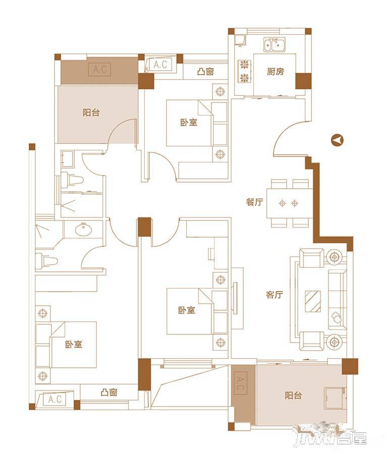 盛世城品3室2厅2卫103㎡户型图