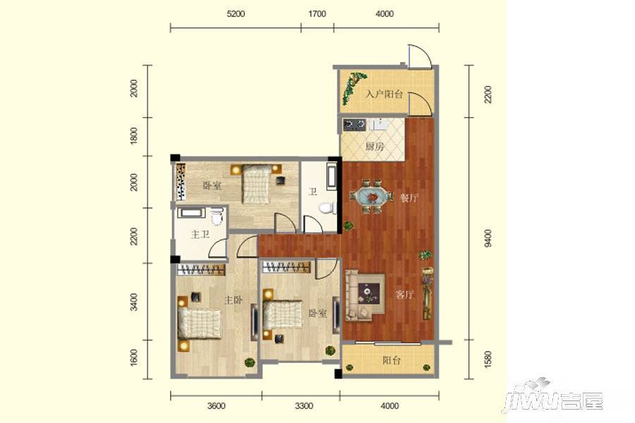 壮龙幸福新城3室2厅2卫119.6㎡户型图