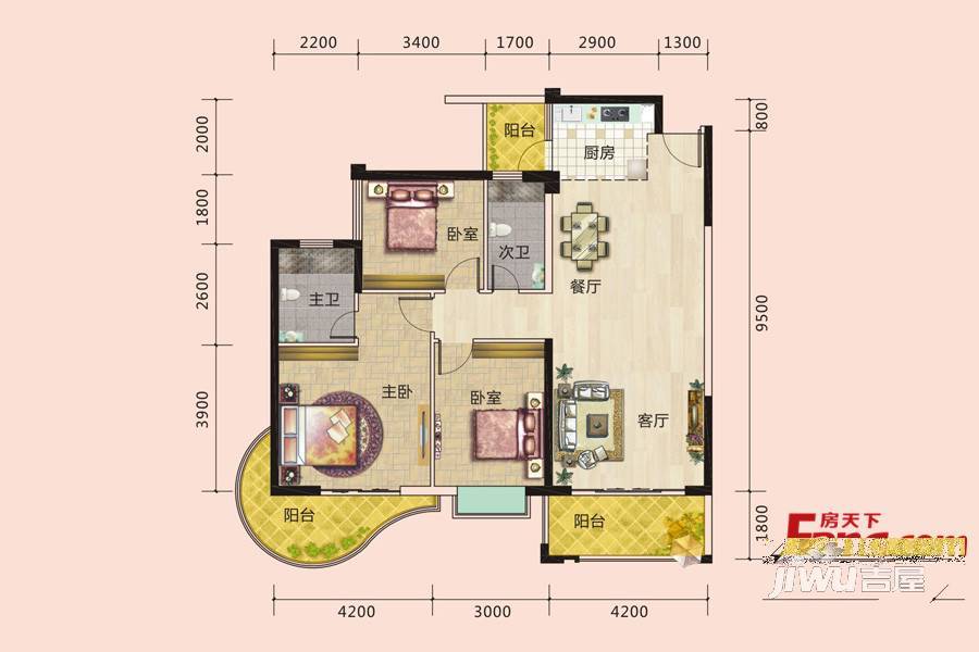 春天花园3室2厅2卫户型图