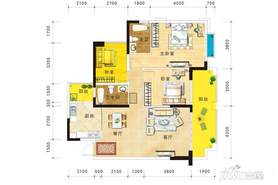 锦华新天地广场3室2厅2卫114.3㎡户型图