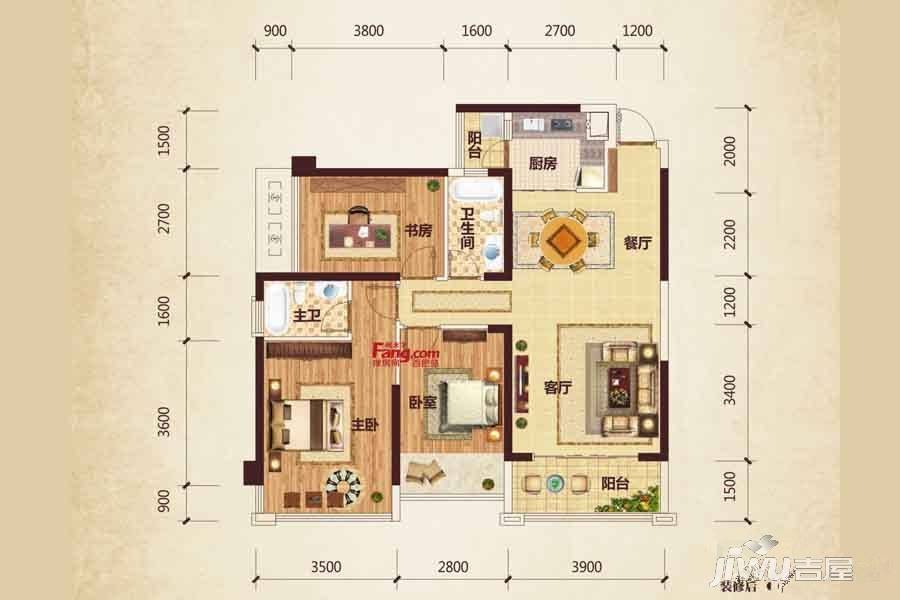 路桥锦绣国际3室2厅2卫95.4㎡户型图