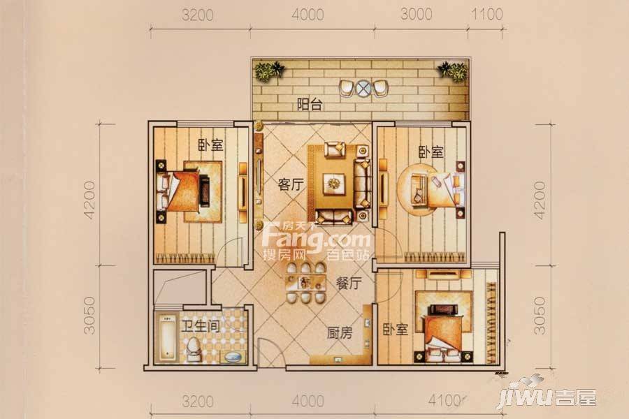 靖西普罗旺斯3室2厅1卫94.4㎡户型图