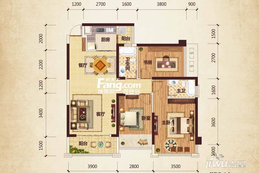 路桥锦绣国际3室2厅2卫95.4㎡户型图