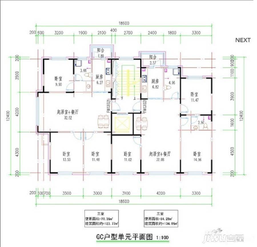 高发曦城3室1厅1卫123.8㎡户型图