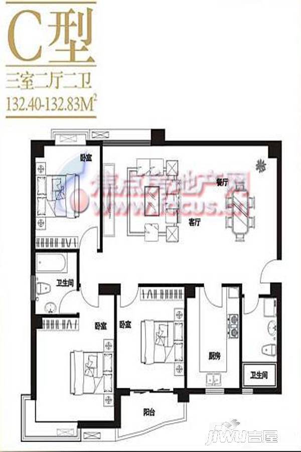 融鼎新都汇3室2厅2卫132.4㎡户型图