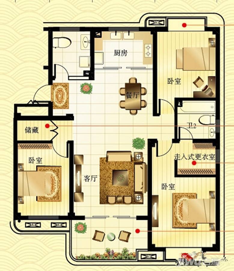 北辰半岛花园3室2厅2卫128㎡户型图