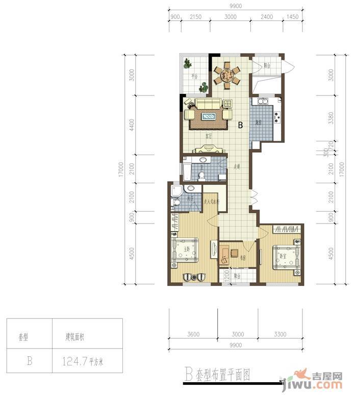 银马公寓3室2厅2卫124.7㎡户型图