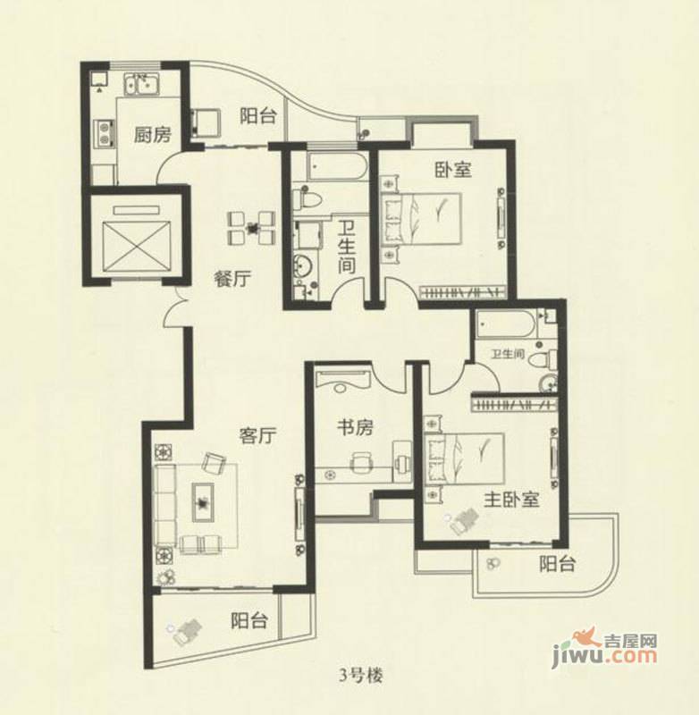 秀竹园3室2厅2卫127.3㎡户型图